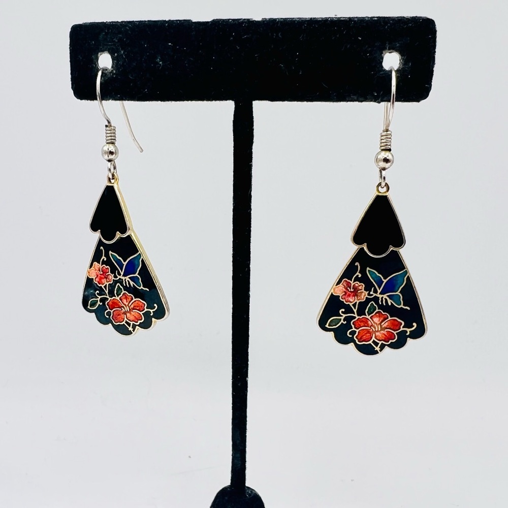 Vintage cloisonné dangle earrings silver black floral butterfly